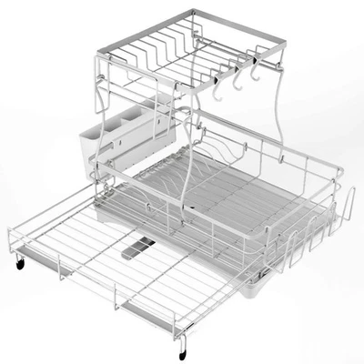 2 Tier Extendable Dish Drying Rack Cutlery Holder Stainless Steel Kitchen White - image 1 of 4