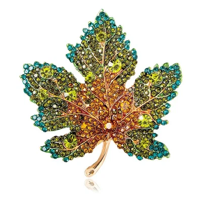 Vintage Green Maple Leaf Brooch Crystal Rhinestone Gold Fall Pin Jewelry Gift - Image 1 of 4