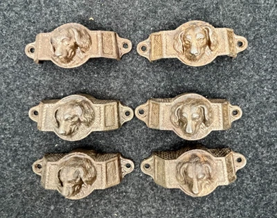 6 Antique  ORIGINAL Cast Iron Pulls With Dogs Face Drawer Cabinet Pull Handle - Image 1 of 4