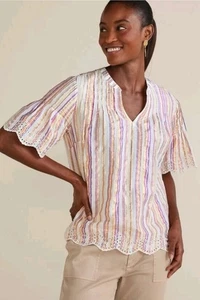 SOFT SURROUNDINGS Ciel Metallic Stripe Scalloped Eyelet Embroidered Top 2 XL NWT - Picture 1 of 12