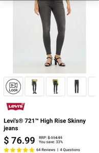 Pantalones de mezclilla ajustados de tiro alto negros/grises Levi's 721 para mujer talla 33 adelgazantes nuevos con etiquetas - Imagen 1 de 1