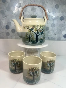 Vintage 70er Otagiri Eule Steingut Teeservice Japan-Teekanne mit Rohrgriff+3 Tassen-Herbst - Bild 1 von 21