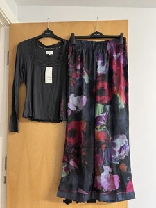 B By TED BAKER Charcoal Floral Print Jersey Rib Satin Pyjamas Sz 12 RRP £56 BNWT - Picture 1 of 9