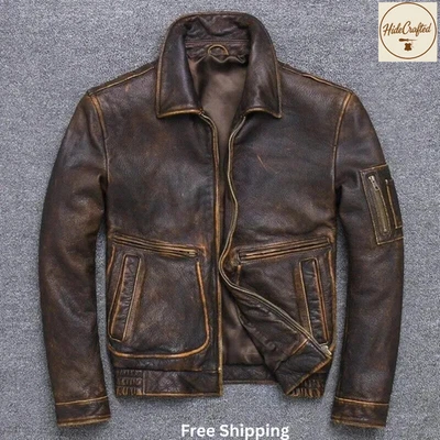 Men's Vintage A2 Bomber AIR Force Style Waxed Tan Brown Real Leather Jacket - Image 1 of 4