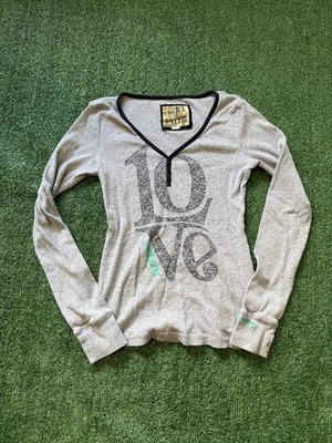 Womens Vintage y2K 2000s Billabong Surfer Surf Wear Henley Thermal Gray L FLAWS - Image 1 of 4