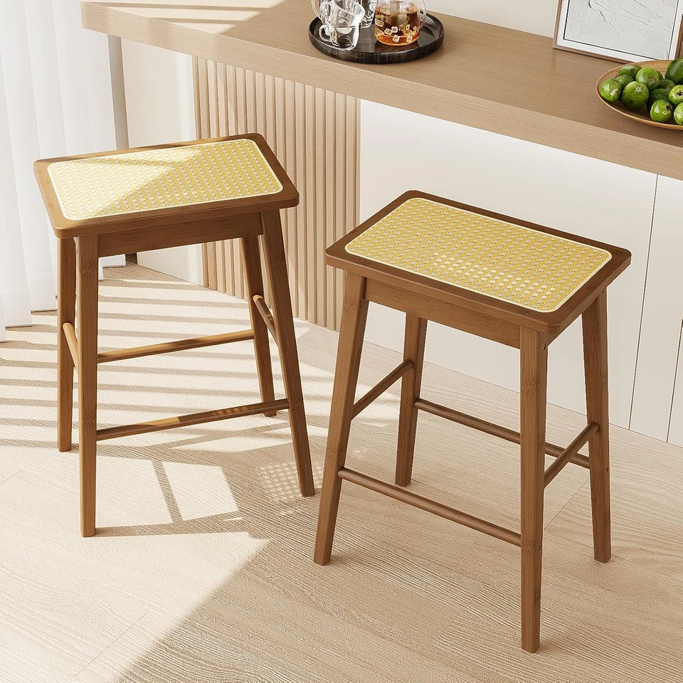 Rattan Bar Stools Set of 2 Counter Stools Height Kitchen Stools 24 Inch Barstool - Image 1 of 4