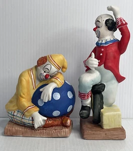 Pair Of Ceramic Hand Painted Circus Clown Ball Unicycle 1970's 9" Price Products - Picture 1 of 12