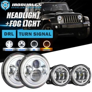 Pair 7" Chrome LED Headlights & Fog Lights Combo Kit for Jeep Wranger JK 2007-17 - Picture 1 of 12