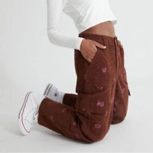 NWT Pacsun Brown pink cargo joggers elastic waist brown hearts baggy corduroy - Picture 1 of 10