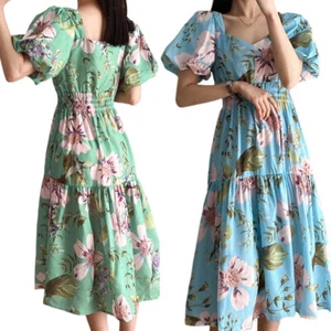 Damas Retro Cuello Cuadrado Vestido Mangas Cortas Puff Patrón de Flor Línea A Vacaciones - Imagen 1 de 14