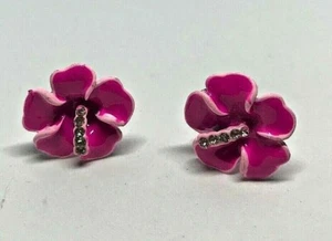 Vintage Ceramic Enamel Deep Pink Flower Rhinestone Diamante Earrings 1980' - Picture 1 of 3