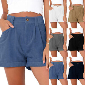 Womens Ladies Linen Summer High Waist Shorts Solid Pants Trousers Plus Size