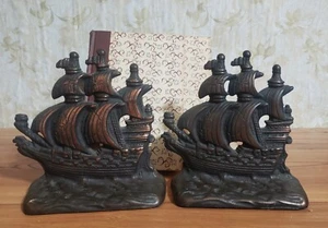 Vintage Copper Coated Cast Iron Metal Spanish Galleon Bookends w Sailing Ships - Picture 1 of 12