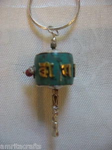 Tibetan Buddhism Turquoise Om Mani Mantra Prayer Wheel Pendant - Picture 1 of 4