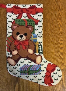 Vintage Teddy Bear Needlepoint Christmas Stocking - Picture 1 of 4