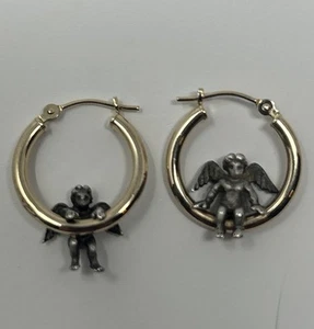 14k Gold Hoop With 925 Sterling Silver Cherubs Vintage JCM Minimalist Cupid - Picture 1 of 8