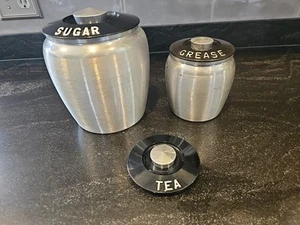 Vintage KROMEX Brushed Aluminum Kitchen Canister Sugar Grease, Tea Lid, Set of 2 - Picture 1 of 12