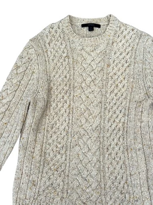 Express Mens Sweater Wool Tweed Cable Fisherman Oatmeal Beige Crew Winter Sz M - Image 1 of 4