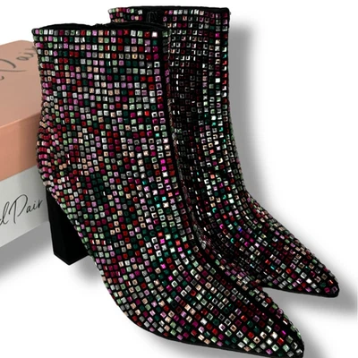 NEW Wild Pair Rainbow Rhinestone Bootie Size 7 Black Embellished Pointy Toe  - Image 1 of 4