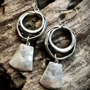 Vintage Geometric Silvery Hollow Circle Design Dangle Earrings Retro Bohemian - Picture 1 of 6