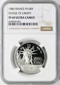Francia 1986 Platino 100 Francos Estatua de la Libertad NGC PF69 Ultra Camafeo - Imagen 1 de 4