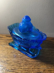 Vintage Westmoreland Kobaltblau Glas Weihnachtsmann auf Schlitten Deckelschale - Bild 1 von 16
