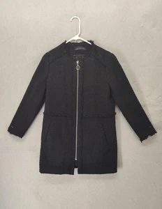 Giacca donna Zara donna media nera testurizzata lunga bordo sfilacciato cappotto tasche zip - Foto 1 di 18