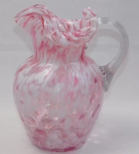 8.75" Phoenix Glass Cranberry White Dot Spot Splatter Crimp Reed Handle Pitcher - Picture 1 of 9