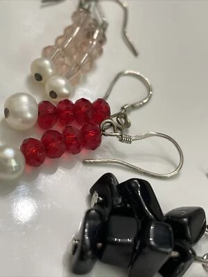 3 Pairs Crystal Bead Dangle & Drop Earrings Red Pink and Pearls Black Jet Stones - Image 1 of 4