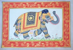 DEKORIERTER ELEFANT HANDGEFERTIGTE MINIATURMALEREI AUS RAJASTHAN INDIEN! - Bild 1 von 4