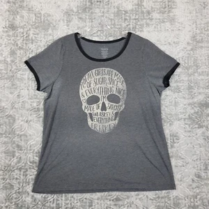 Torrid Top Womens 0 Gray Skulls Skeleton Short Sleeve Ringer Shirt Casual Goth - Picture 1 of 7