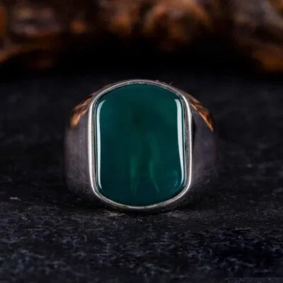 Anillo de plata de ley 925 hecho a mano de diseñador de ónix verde natural para hombre Foto 1 de 4