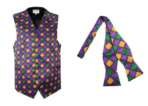 Mardi Gras Tuxedo Vest Self Tie Bow Purple Gold Green S M L XL 2XL 3XL 4XL 5XL - Picture 1 of 3