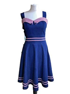 VINTAGE 50s Style Rockabilly Denim Swing Gingham Halter Swing DRESS M - Image 1 of 4