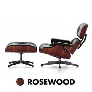 Luxurious EM Classic Lounge Chair And Ottoman Rosewood Black Real Leather