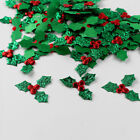 100Pcs Glitter Green Holly Leaf Red Berry Cloth Applique Christmas Decorat*d*