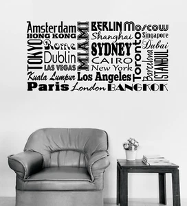Vinyl Wandtattoo Aufkleber Karte Worte Wolke berühmte Städte Welt (n1658) - Bild 1 von 3
