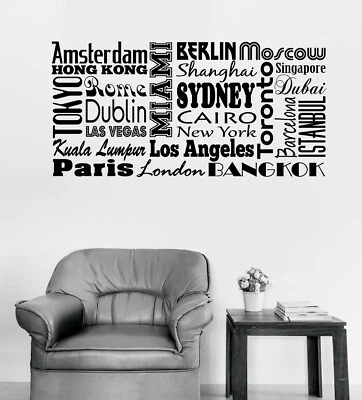 Vinyl Wall Decal Stickers Map Words Cloud Famous Cities World (n1658) - Image 1 of 3