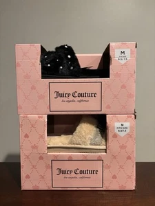 Juicy Couture Bling Rhinestone Black & Natural Color Fuzzy Slippers Sz M 6.5/7.5 - Picture 1 of 10