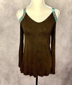 PAT DAHNKE || Top turchese con perline e spalle fredde vintage western - taglia piccola - Foto 1 di 6