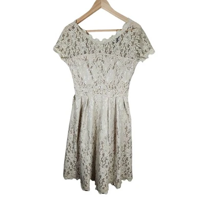 GIGILEER Tan Cap Sleeve Lined Lace Below Knee Retro Goth Dress Large - Image 1 of 4