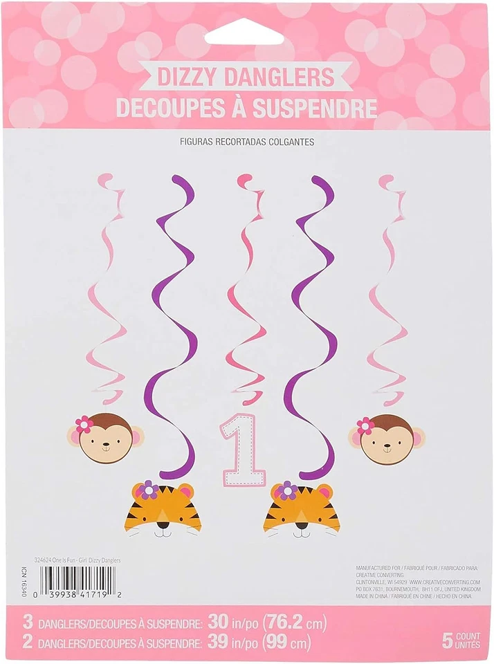 One is Fun Girl Jungle Animals Cute 1st Birthday Party Decoration Dizzy Danglers - Image 1 of 1