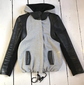 Bomberjacke schwarz Leder & grau Wolle Größe 0 UK 8 - FRANCIS LEON - Bild 1 von 12