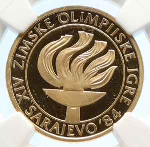 1984 YUGOSLAVIA Sarajevo XIV Olympic Games TORCH Gold 5000 Dinar Coin NGC i95618 - Picture 1 of 5