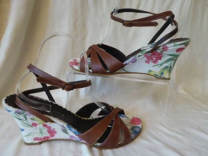 FONNESBERG sandales cuir marron semelle compensée toile fleurie 40 parfait état - Picture 1 of 11