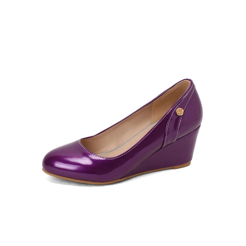 Womens Slip On Pumps 6.5cm High Wedge Heel Shoes Round Toe Patent Leather Ladies - Image 1 of 4