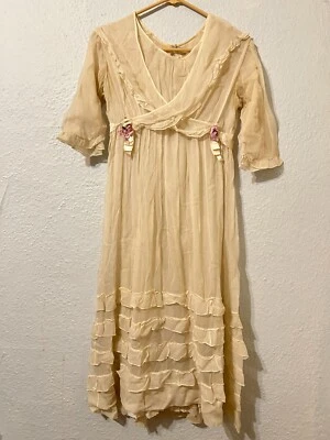 Antique Edwardian Silk Sheer Lawn Day Wedding Dress Tiered Floral Titanic Era - Image 1 of 4