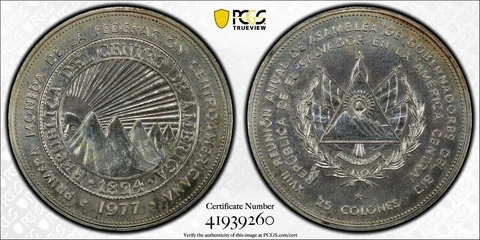 🔥EL SALVADOR SILVER 25 COLONES UNC COIN 1977 YEAR KM#151 PCGS GRADING MS66 AIDB Cover