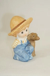 Ceramic Bisque Figurine Overalls Straw Hat Boy with Dog 3.25" - Picture 1 of 7