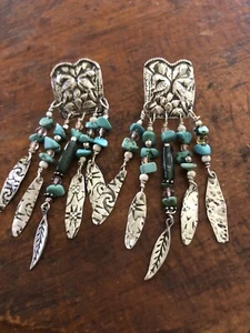 SW TURQUOISE EARRINGS-MORENCI MINE-CHANDELIER HAND STAMPED STERLING - Picture 1 of 6